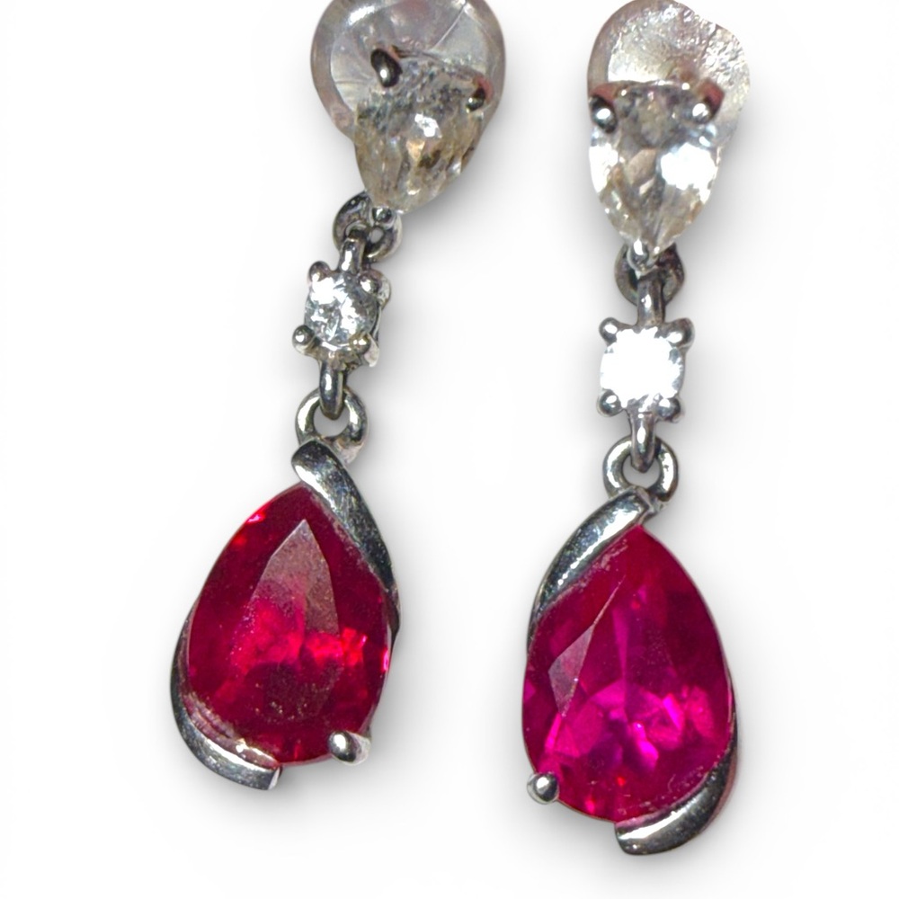 Authentic Genuine Ruby & Diamond Drop Earrings w/ Certificate 14K Gold - Picture 8 of 16